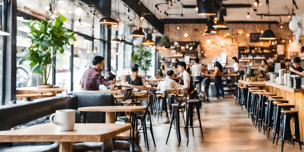 Bright coffee shop and cafe with people sitting and walking around