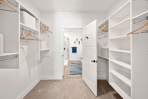 Large closet with custom built-in shelving.