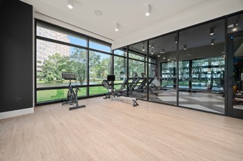 The yoga and spin room at The Watt, luxury high-rise apartments in Houston.