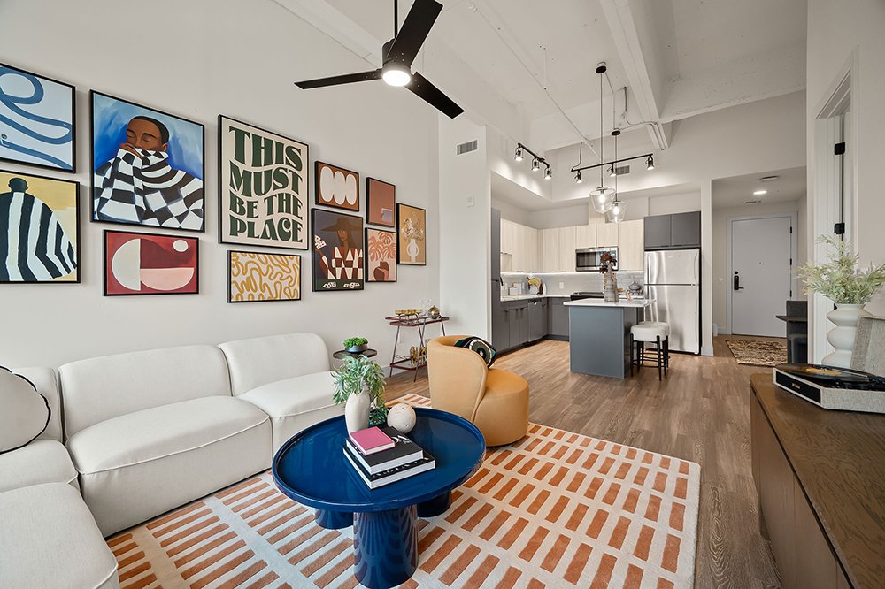 Luxury living room with smart-home features in Houston, TX.
